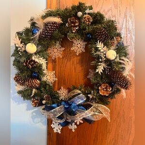 Snow/Blue Colors Decorative Wreath - Well Made, Like New & Approx 20” diameter